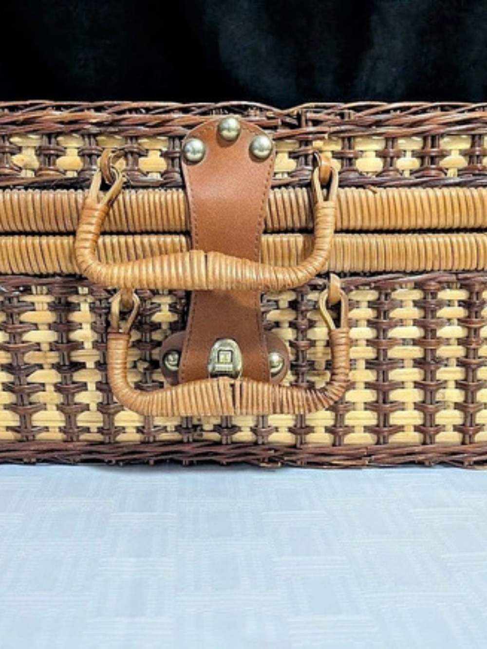 Vintage Woven Picnic Basket Set  Complete With Red Dishes And Gingham Lining